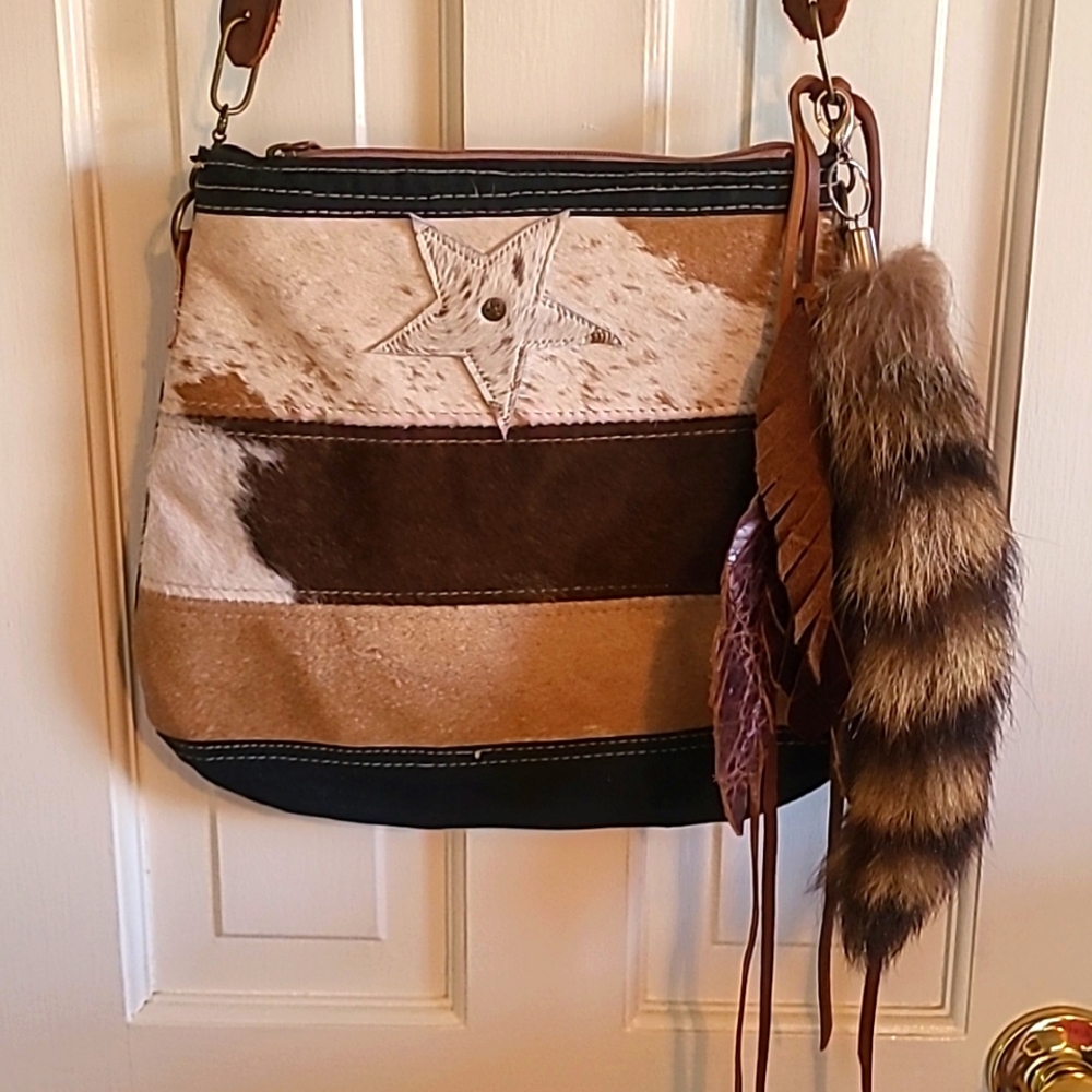 Bhrayna Shoulder Hand Bag, Hair-on Cowhide and Canvas, with raccoon tail